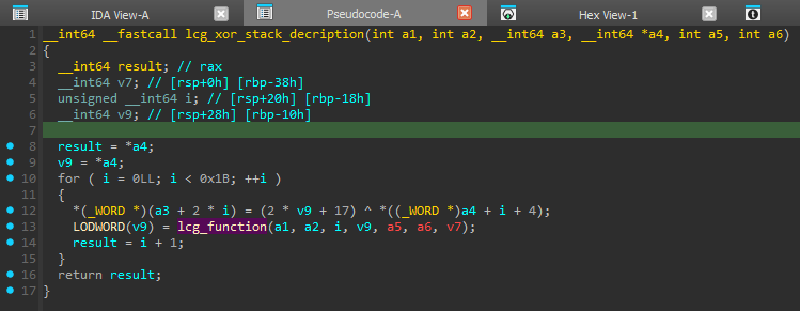 stack strings decryption with LCG+XOR scheme